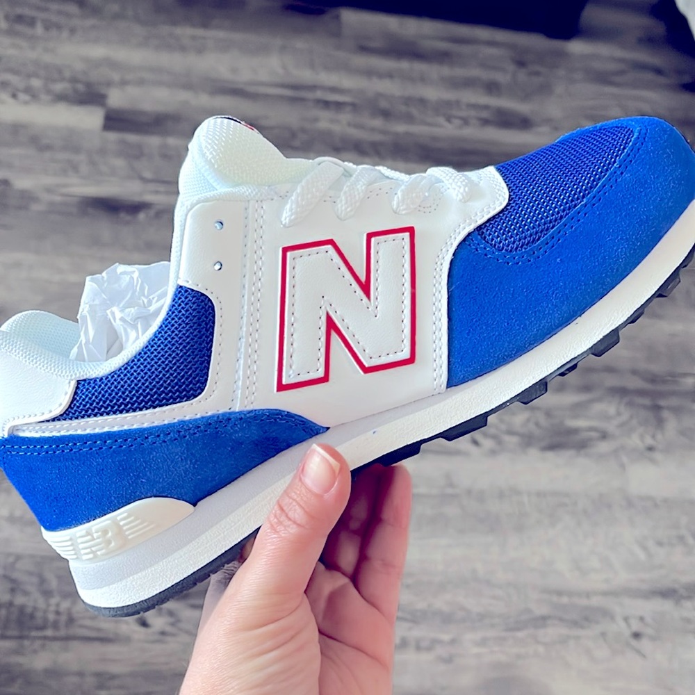 New Balance 574 Sneakers Shoes Suede White Royal Blue USKIDS 6